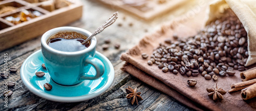 A blue cup of aromatic black coffee and coffee beans on the table. Morning Coffee Espresso for breakfast in a beautiful blue cup.