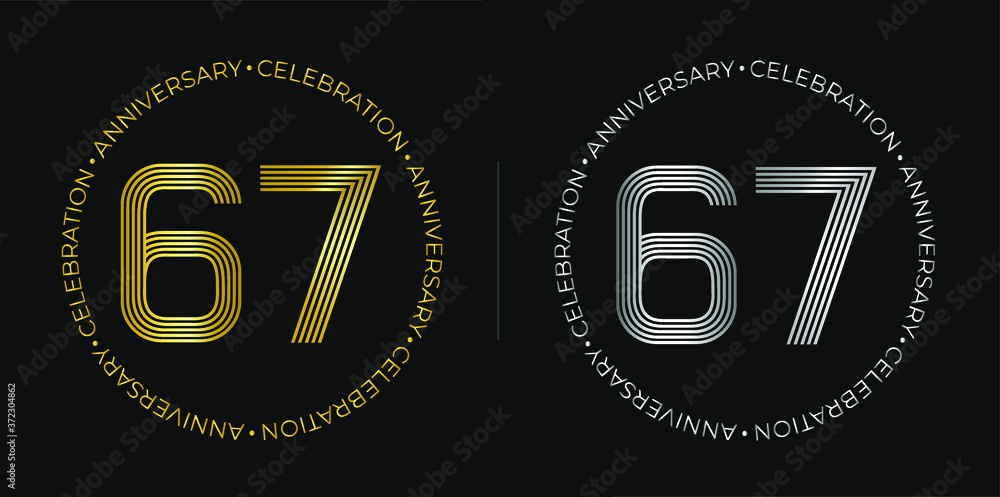 67th birthday. Sixty-seven years anniversary celebration banner in golden and silver colors. Circular logo with original numbers design in elegant lines.