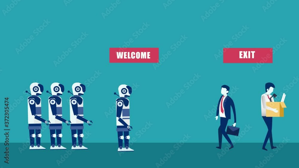 Male boss animation welcoming and handshaking with robots to a company replacing human workers. Shot in 4k resolution Male boss animation welcoming and handshaking with robots to a company replacing human workers. Shot in 4k resolution