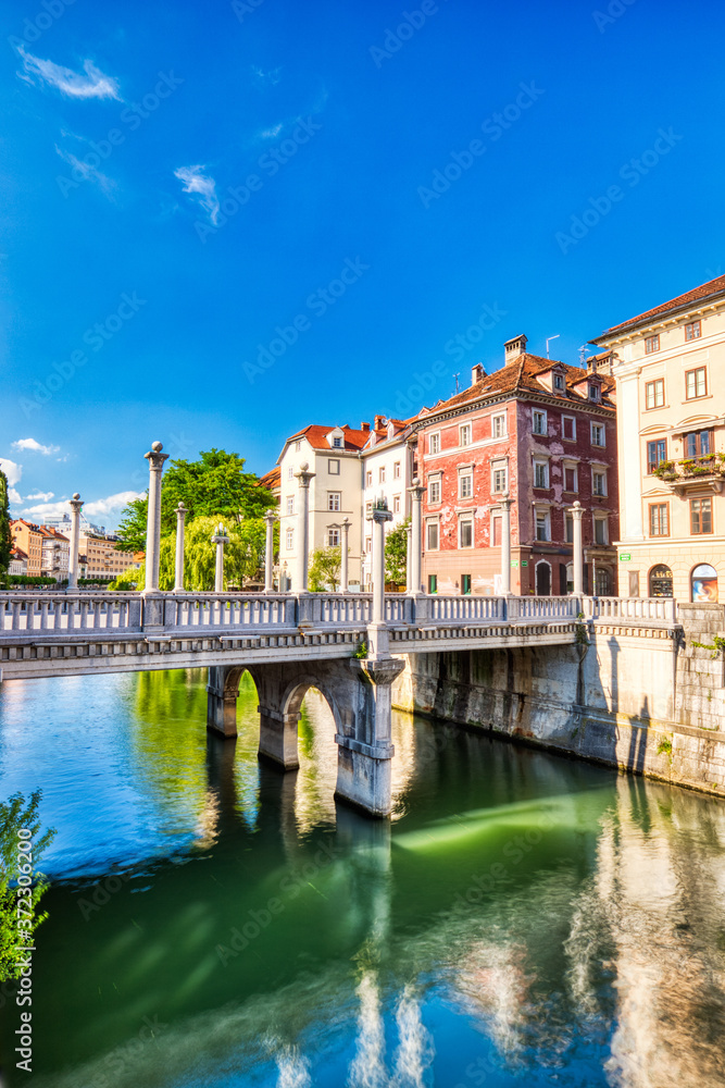 Cobblers bridge during a Sunny day in Ljubljana