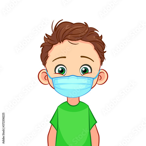 Portrait of a human child wearing medical face mask to protection from flu, coronavirus, infection, disease, urban contaminated air, world pollution. Illustration for kids quarantine instruction.