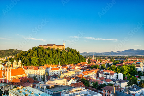 Ljubljana City Center Aerial View with Ljubljana Castle in the Background during a Sunny Day