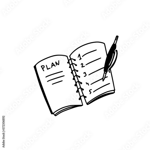 Linear doodle icon - spring planner and pen. List of tasks, tasks for the day. Time planning. Hand drawn linear illustration. Vector.