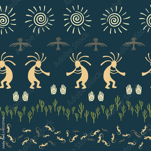 Folk  design with gecko  Kokopelli fertility god  sun  bird  cacti.