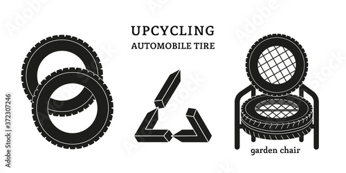 An idea about how to reuse car tires. Upcycle. Garden chair. Vector image isolated on a white background.