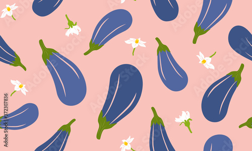 Eggplants doodle flat vector seamless pattern. Cooking motif, healthy food on light background. Ripe blue vegetables texture with cartoon color icons. Aubergine veggie wrapping paper, wallpaper design