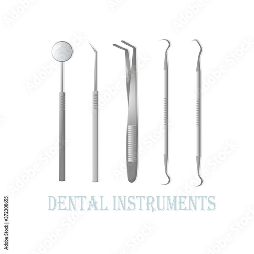 Dental instruments for oral examination and dental treatment. Dental design poster and set for the medical clinic. Flat illustration