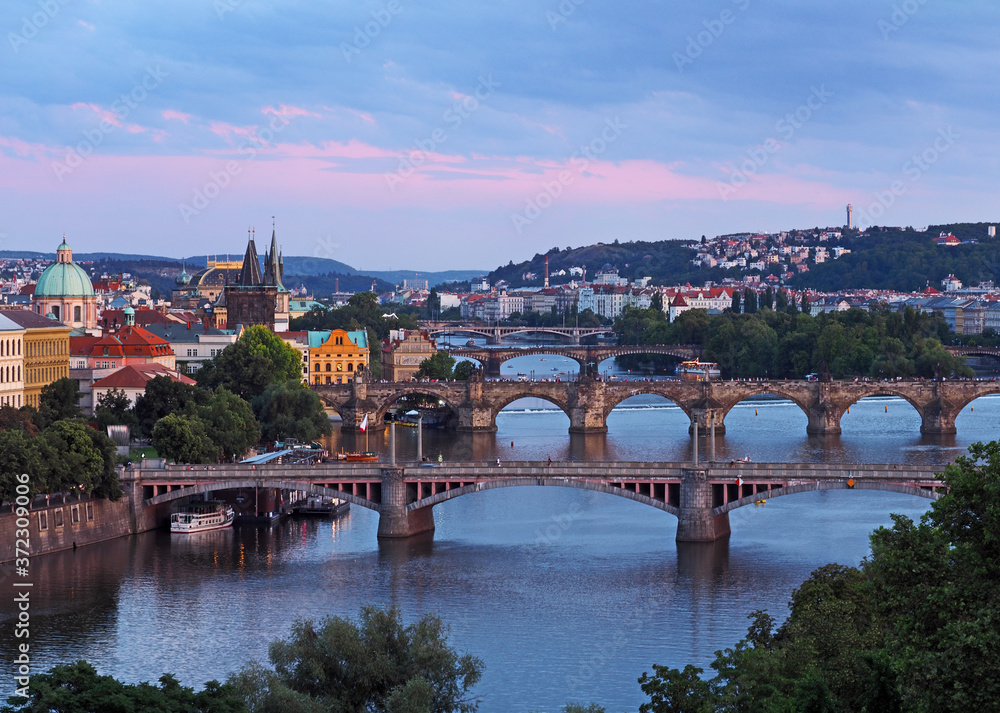 Fototapeta premium view of Prague and river Vltava from Hanavsky Pavilon, Prague, Czech Republic