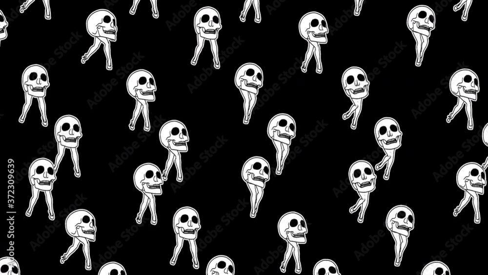 Seamless animation of a walking skulls in printed drawn style cartoon. Funny halloween background with marker stroke effect Seamless animation of a walking skulls in printed drawn style cartoon. Funny halloween background with marker stroke effect