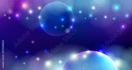 Blue space night background with stars. Purple nebula in cosmos. Colorful shining vector illustration.