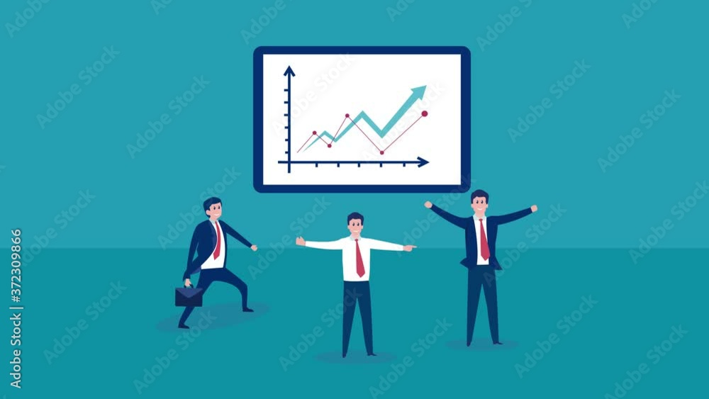 Happy business team animation expressing success by raising hands while standing near growth finance chart with blue background. Shot in 4k resolution Happy business team animation expressing success by raising hands while standing near growth finance chart with blue background. Shot in 4k resolution