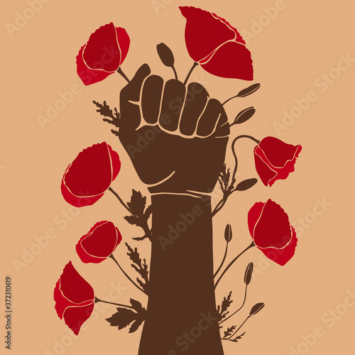 Protest poster with hand raised up, clenched into a fist. Illustration about discrimination and racism. Blooming poppy flowers around the hand. Vector illustration in a flat style.
