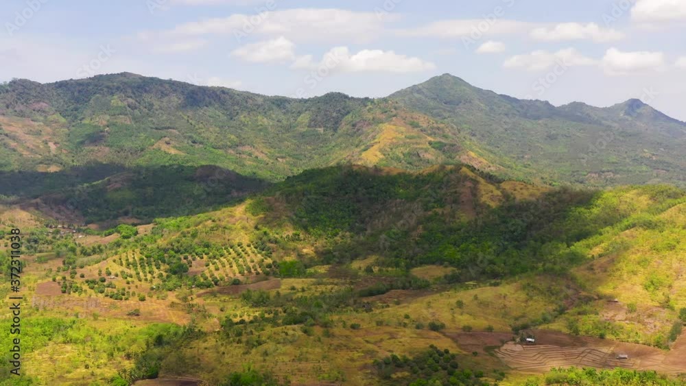 Fertile farmlands with growing crops and mountains with clouds against