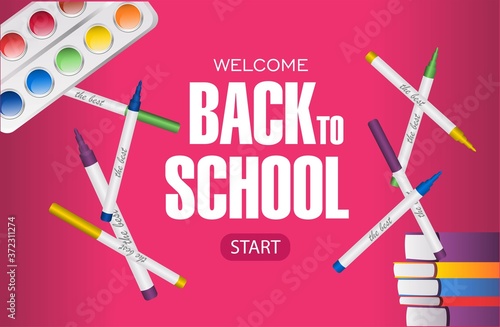 Back to school vector banner design for sale banner, invitation, promotion,sale poster, flat design colorful. School shopping. Vector illustration.