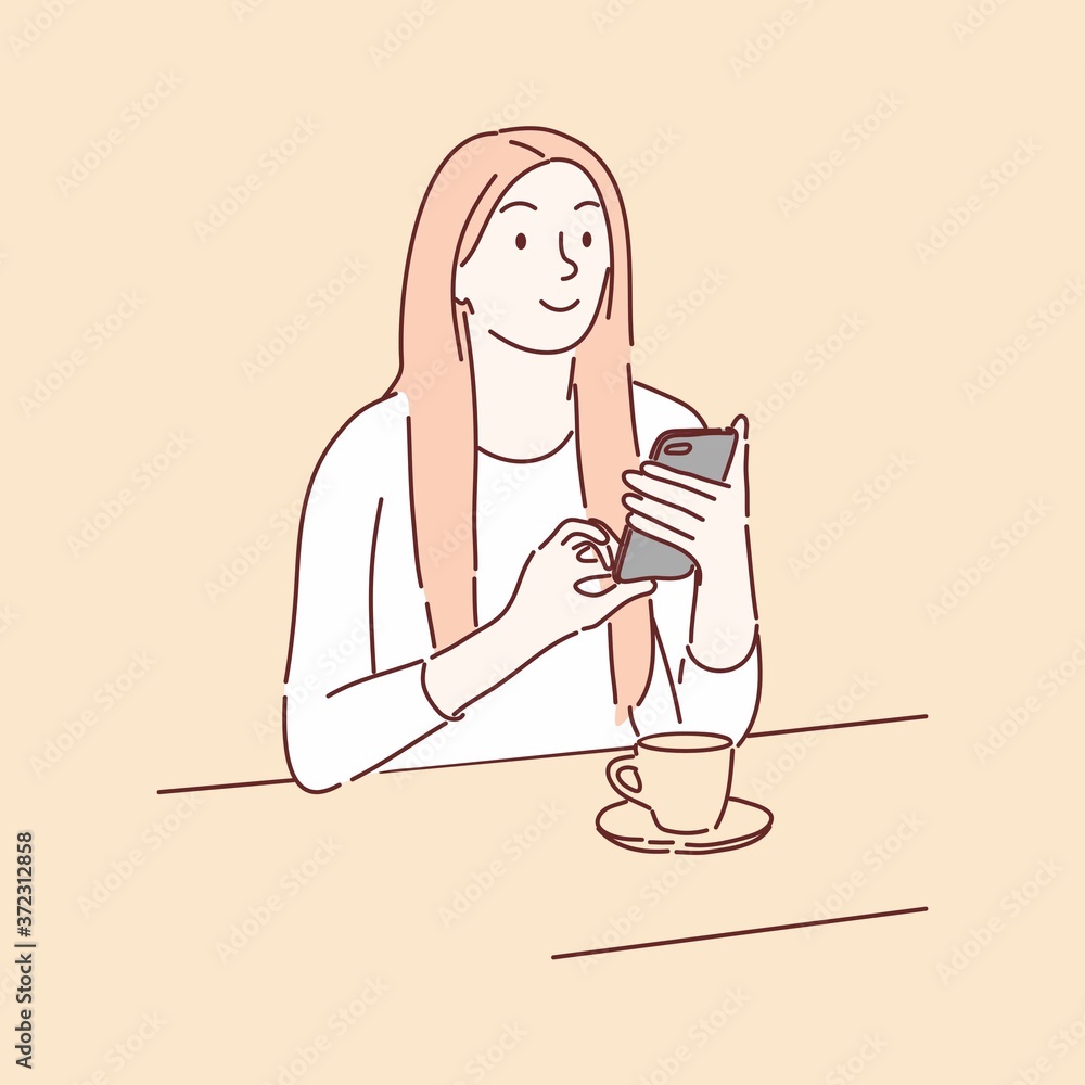 Woman sitting and using smartphone. Hand drawn character style vector. Woman sitting and using smartphone. Hand drawn character style vector.