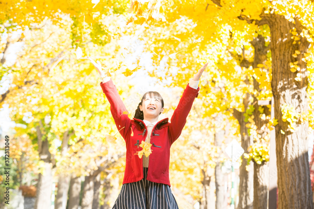 銀杏並木を歩く女性 銀杏並木を歩く女性