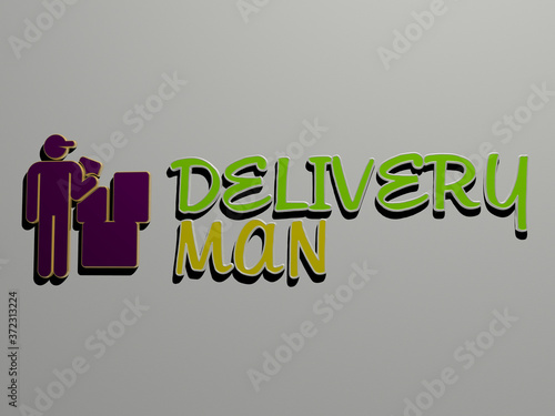 3D representation of delivery man with icon on the wall and text arranged by metallic cubic letters on a mirror floor for concept meaning and slideshow presentation for illustration and business photo