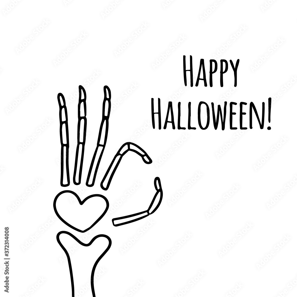 Halloween illustration of skeleton hand with quote on white background. Drawn by hand halloween vector doodle with funny quotes. Spooky decorations. Halloween illustration of skeleton hand with quote on white background. Drawn by hand halloween vector doodle with funny quotes. Spooky decorations.