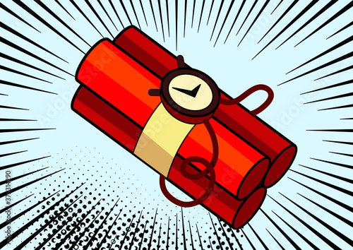 Pop art bomb on comic pop art retro style background. Terrorism is a danger of destruction. Wallpaper cartoon dynamite with detonator and clock at background with dots halftone and sunburst