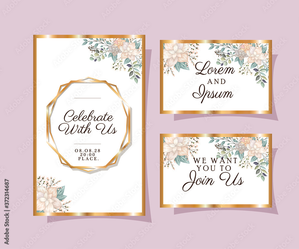 Wedding invitations set with gold ornament frames and white flowers with leaves on purple background design, Save the date and engagement theme Vector illustration