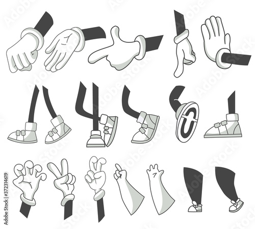Set of cartoon lags and hands. Clipart arms in different poses. Various hands with different gesture. Vector walking feet in various positions. Legs in boots and gloved hands