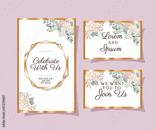 Wedding invitations set with gold ornament frames and white flowers with leaves on purple background design  Save the date and engagement theme Vector illustration
