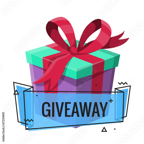 Giveaway winner present. Gift poster for social media post. Internet give away poster for bloggers prize announcement random quizes flyer leflet on white background