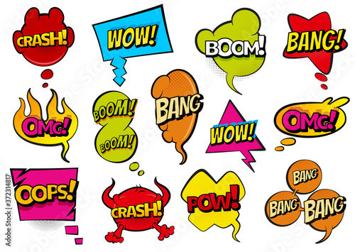 Comic colored hand drawn speech bubbles. Set retro cartoon stickers. Funny design vector items illustration. Comic text WOW, boom, bang collection sound effects in pop art style