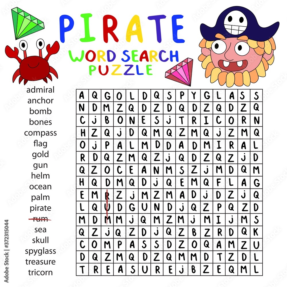 Pirate colorful word search puzzle vector worksheet. Funny crab, gems ...
