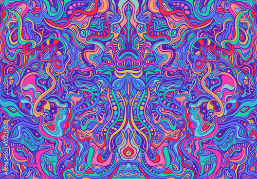 Amazing colorful hippie trippy psychedelic abstract mandala with many intricate wavy ornaments, bright neon multicolor color texture.