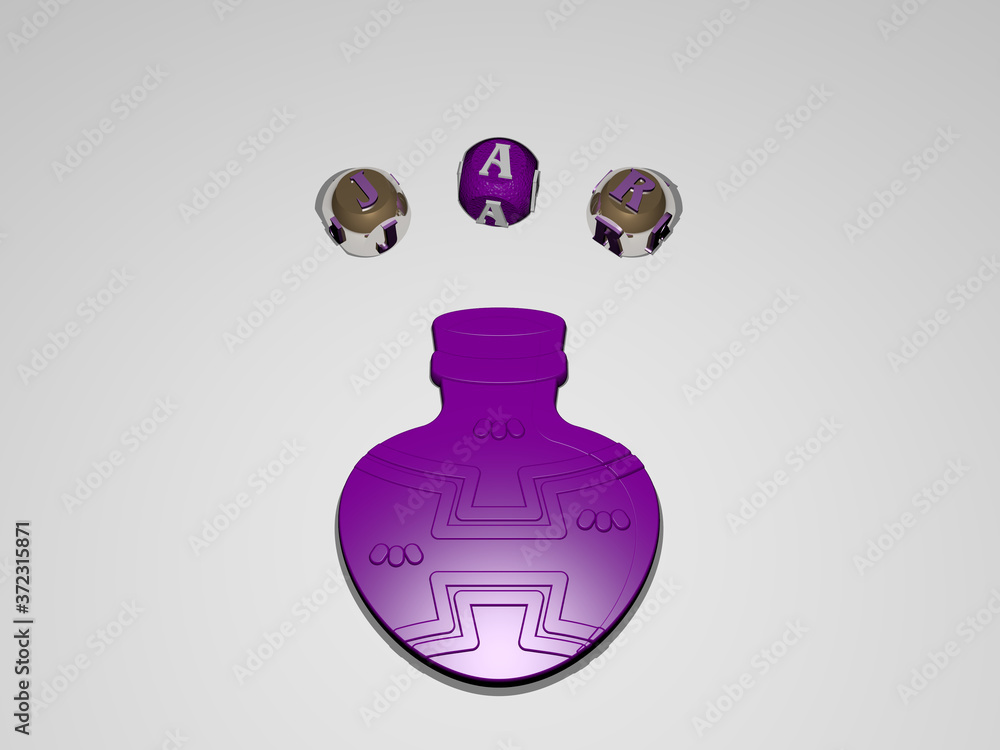 jar circular text of separate letters around the 3D icon, 3D illustration for background and glass jar circular text of separate letters around the 3D icon, 3D illustration for background and glass