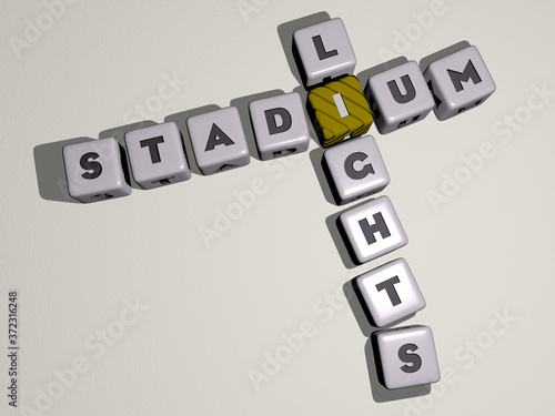STADIUM LIGHTS crossword by cubic dice letters, 3D illustration for football and editorial photo