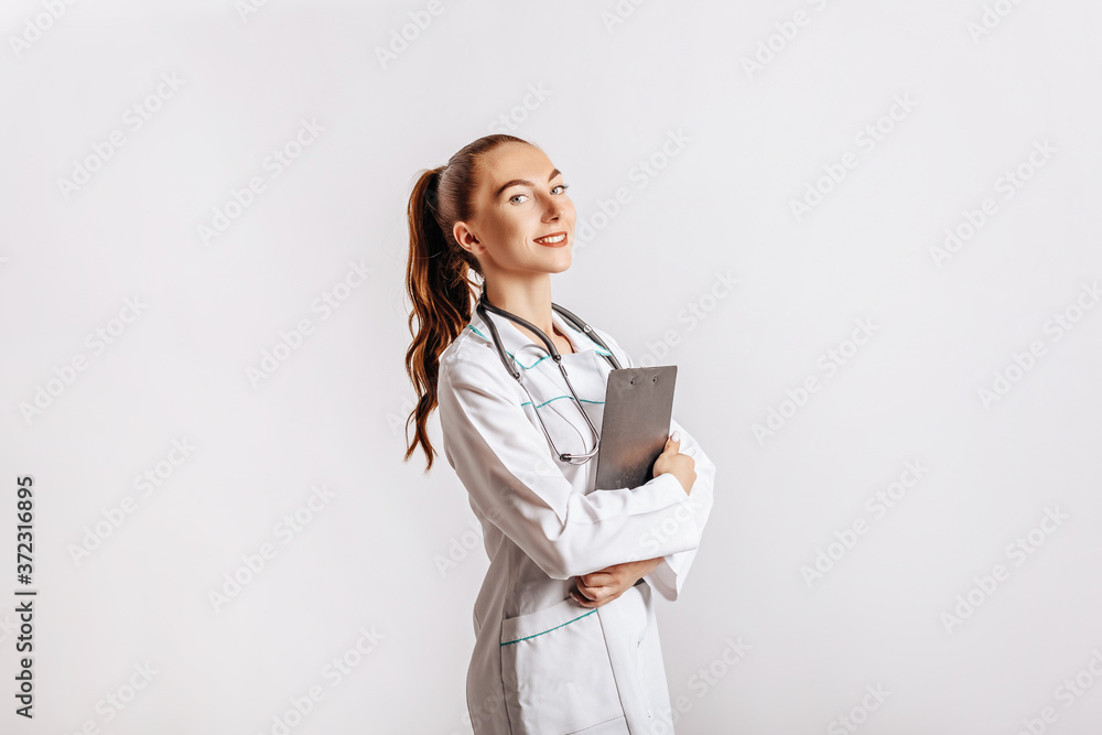 Medical documents. Doctor with stethoscope at hospital. Girl with folder. Nurse hold patient medical chart. Information data. Therapist in uniform. Medical history prescription. Woman work at clinic. Medical documents. Doctor with stethoscope at hospital. Girl with folder. Nurse hold patient medical chart. Information data. Therapist in uniform. Medical history prescription. Woman work at clinic.