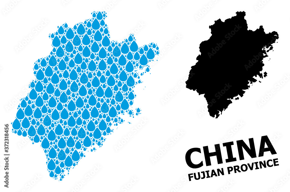 Vector Collage Map of Fujian Province of Water Dews and Solid Map