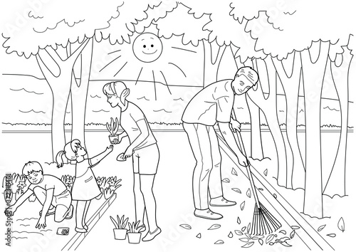In the park. Family. Coloring. Work, Cleaning of the territory