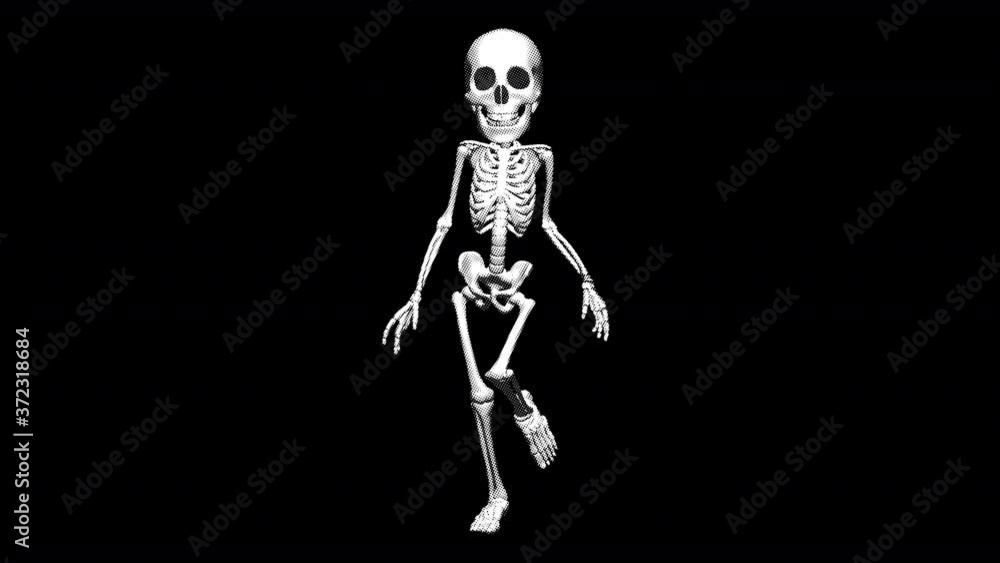 Seamless animation of a skeleton catwalking in printed drawn style cartoon isolated with alpha channel. Funny halloween background with marker stroke effect. Seamless animation of a skeleton catwalking in printed drawn style cartoon isolated with alpha channel. Funny halloween background with marker stroke effect.