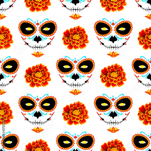 El Día de Los Muertos seamless pattern. La muerte and marigold on a white background
