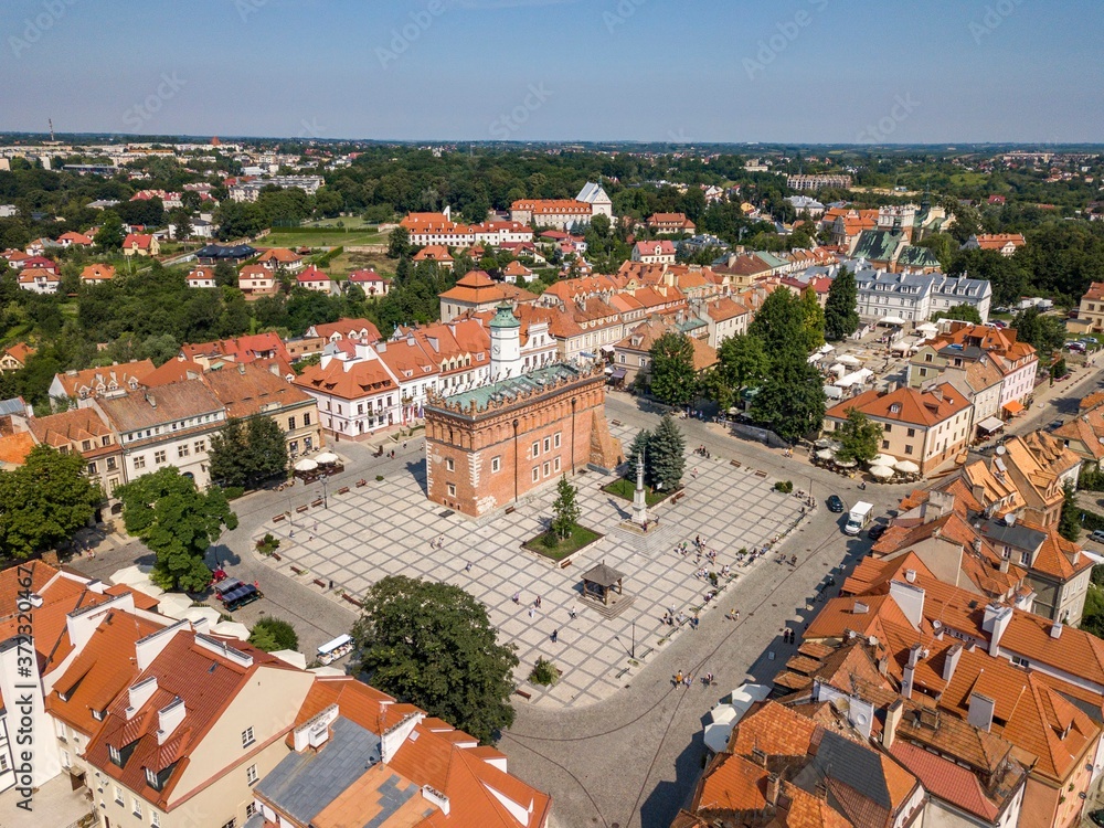 SANDOMIERZ, POLAND - 2020 August 25 : Aerial view of medieval old town with town hall tower, gothic cathedral. Popular tourist destination in Poland.