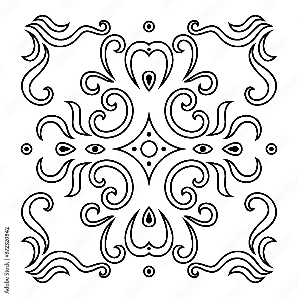 Pattern of swirling lines and vegetation. Print for the cover of the book, postcards, t-shirts. Illustration for rugs.