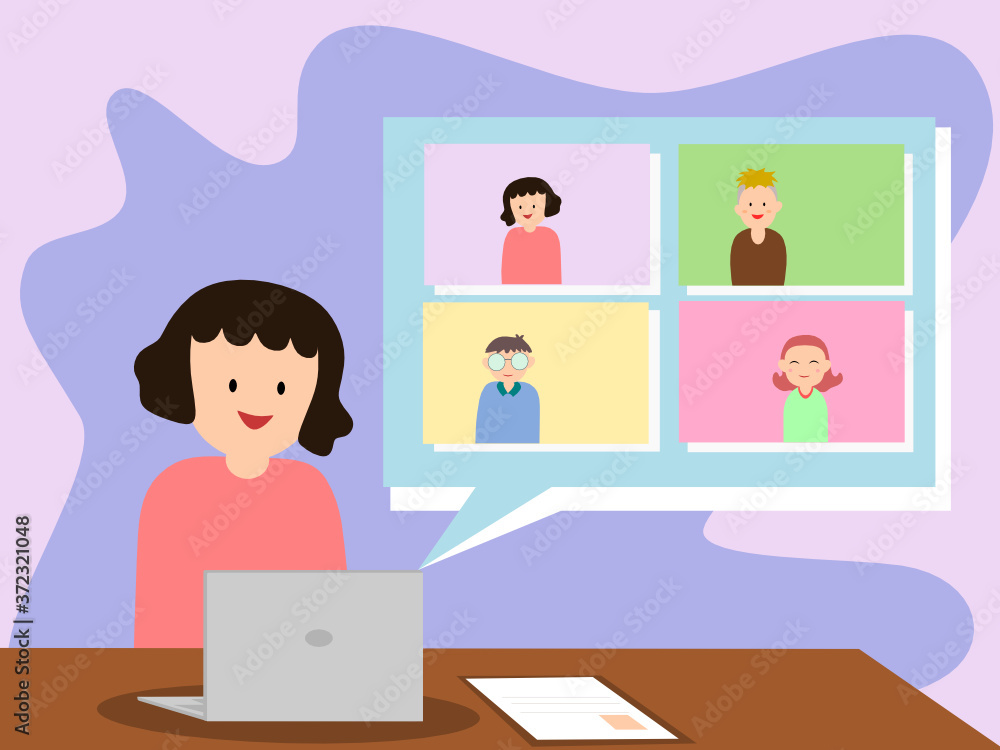 Woman is working form home by video conference. Online meeting with team among self quarantine. Lady look at computer screen. Flat style vector illustration. Woman is working form home by video conference. Online meeting with team among self quarantine. Lady look at computer screen. Flat style vector illustration.