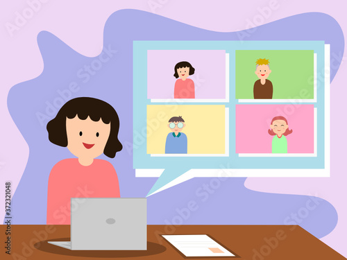 Woman is working form home by video conference. Online meeting with team among self quarantine. Lady look at computer screen. Flat style vector illustration.