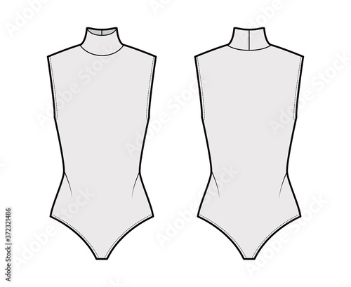 Cotton-jersey turtleneck bodysuit technical fashion illustration with fitted knit body, sleeveless. Flat outwear shirt apparel template front, back, grey color. Women men unisex top CAD mockup. 