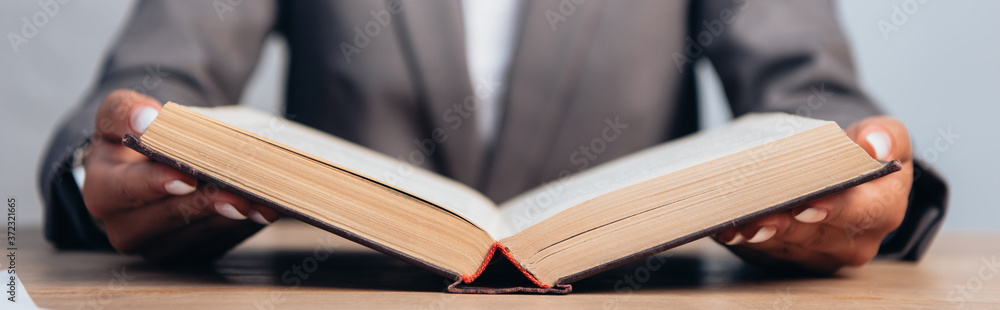 horizontal crop of lawyer holding book in office horizontal crop of lawyer holding book in office