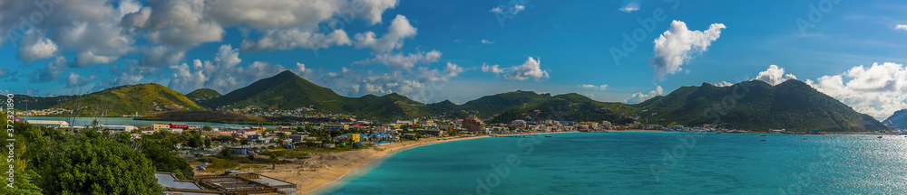 A panorama view across the Great Bay of Philipsburg, St Maarten in the early morning light