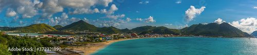 A panorama view across the Great Bay of Philipsburg, St Maarten in the early morning light
