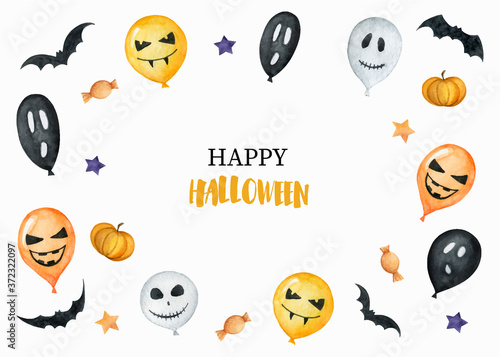 Watercolor Happy Halloween card isolated on a white background.