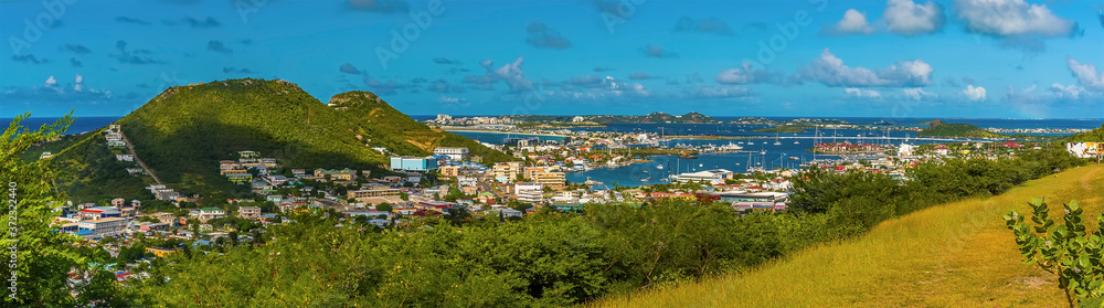 A panorama view across Philipsburg, St Maarten from the hills above the city