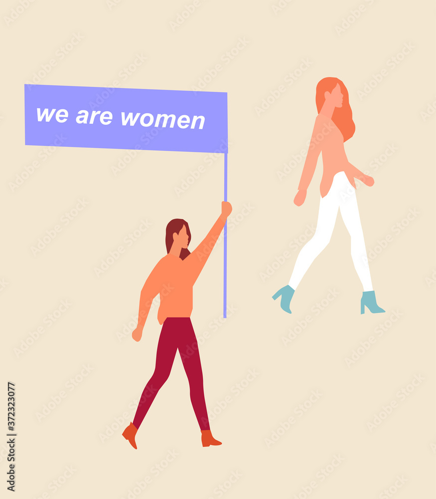 Three girls carry flag with the inscription of female power, vector chart Three girls carry flag with the inscription of female power, vector chart