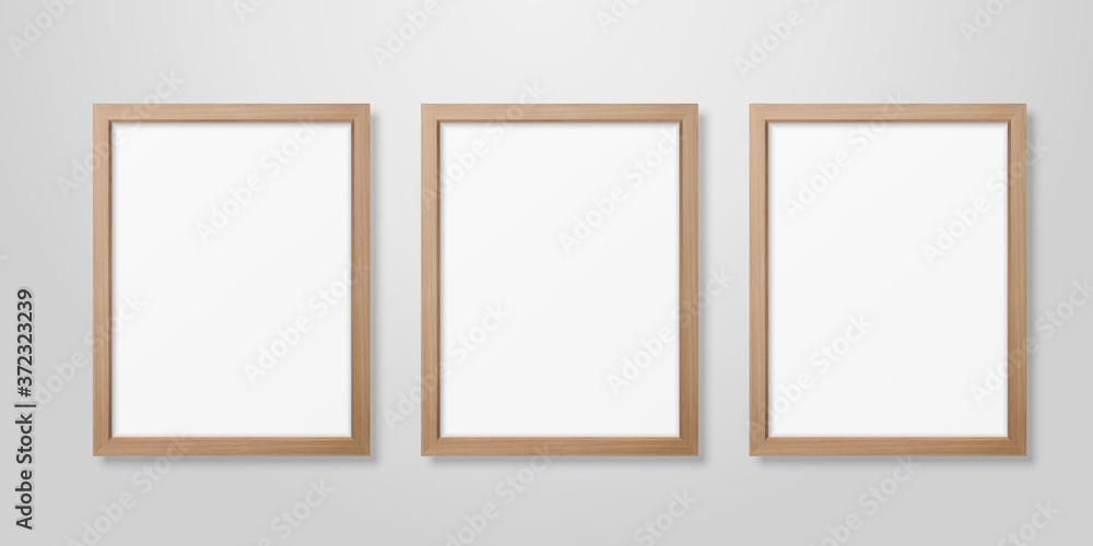 Vector 3d Realistic Three A4 Brown Wooden Simple Modern Frame on a White Wall Background. It can be used for presentations. Design Template for Mockup, Front View Vector 3d Realistic Three A4 Brown Wooden Simple Modern Frame on a White Wall Background. It can be used for presentations. Design Template for Mockup, Front View