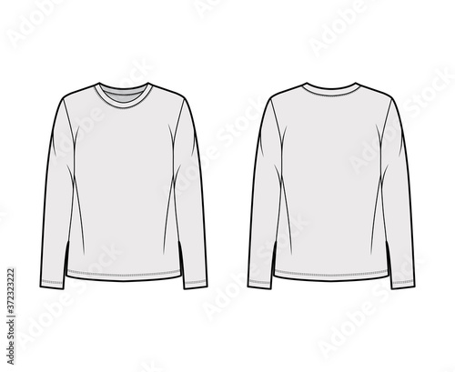 Cotton-jersey shirt technical fashion illustration with relaxed fit, crew neckline, long sleeves. Flat outwear basic apparel template front, back, grey color. Women, men, unisex top CAD mockup. 